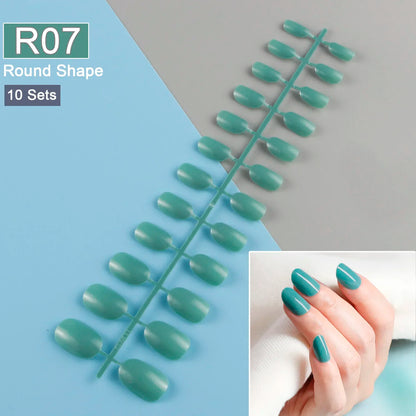 10 Sets/Pack Mixed Solid Colors Coffin Round Square Almond Shape False Nails Full Cover Nail Tips Short Fake Nails Tip Manicure
