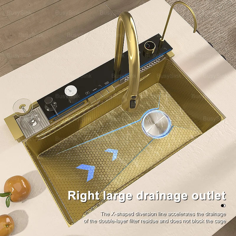 Goldene Küchenspüle aus Edelstahl, multifunktionale Wasserfall-Auslass, Einzelschlitz, Klavierknopf, Digitalanzeige