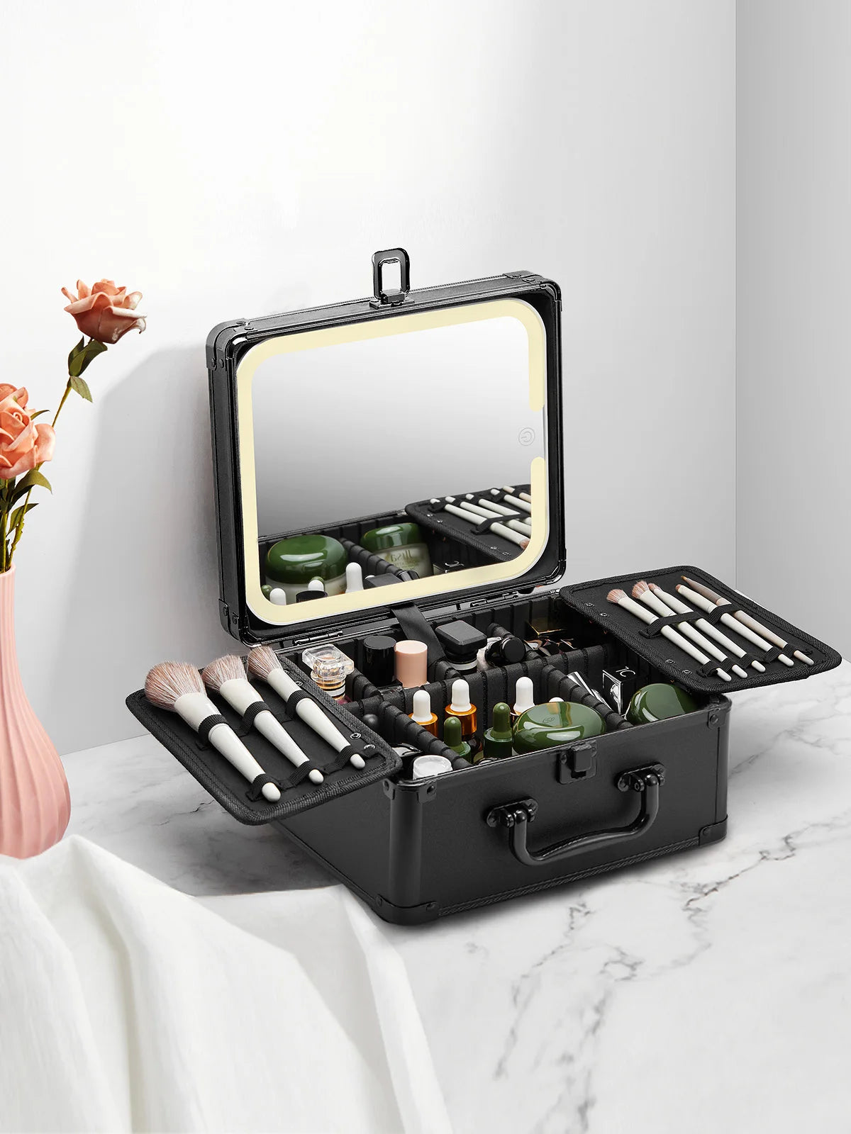 Portable Makeup Case With Light and Mirror 3 Adjustable Brightness LED Cosmetic Case Makeup Organizer Travel Train Case Storage.