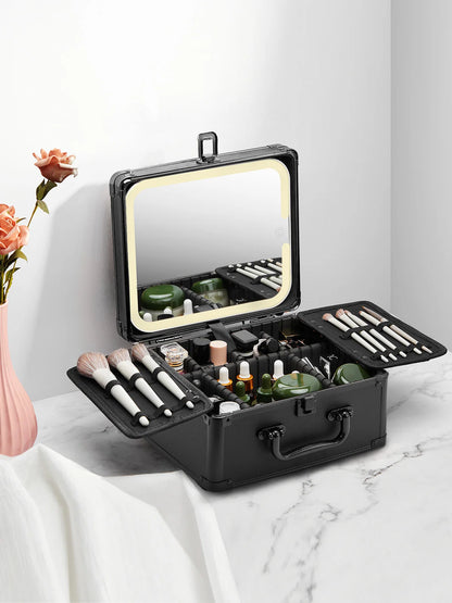 Portable Makeup Case With Light and Mirror 3 Adjustable Brightness LED Cosmetic Case Makeup Organizer Travel Train Case Storage.