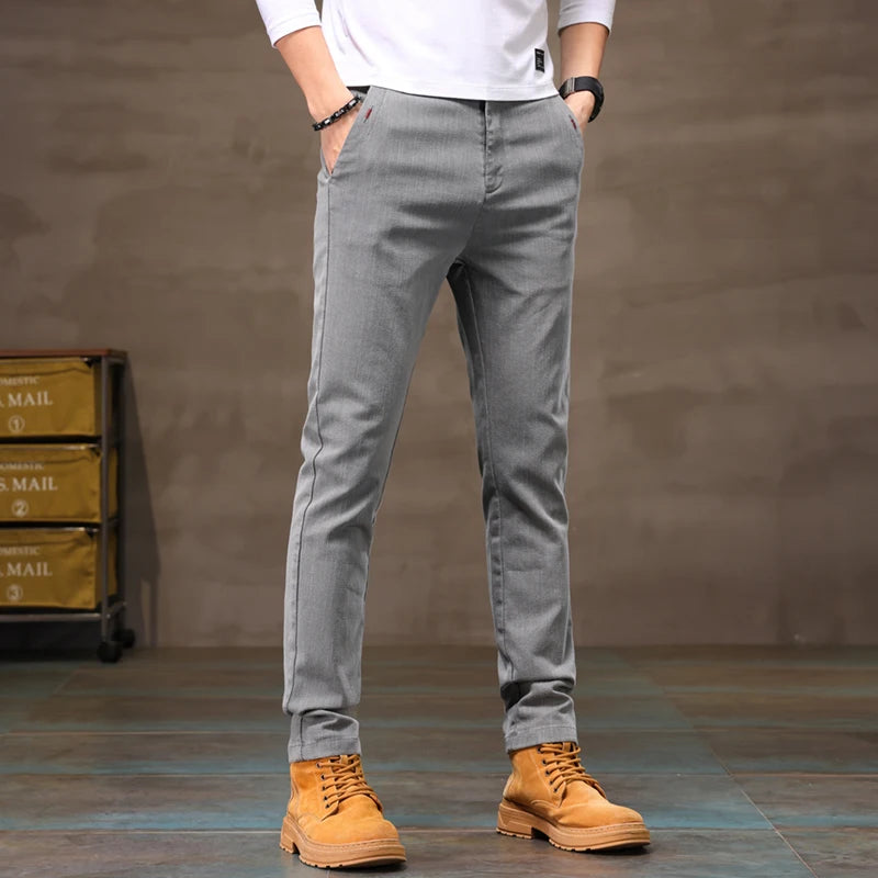 Men's Business Casual Pants Stretch Slim Fit Straight Semi-elastic Waist Trousers Solid Classic Office Work Male Clothing.