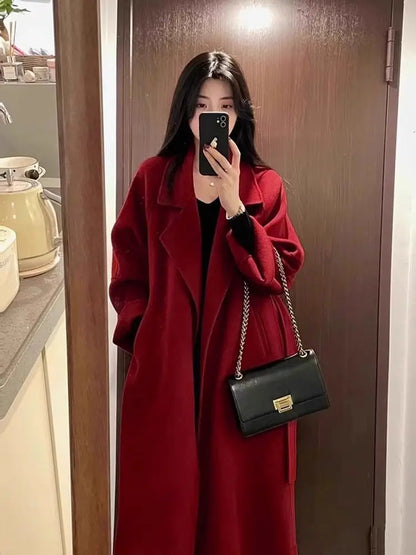 Mode Schwarz Lange Woolen Mantel Mit Gürtel Frauen Lose Revers Mantel Herbst Winter Warme Dame Oberbekleidung High Street.