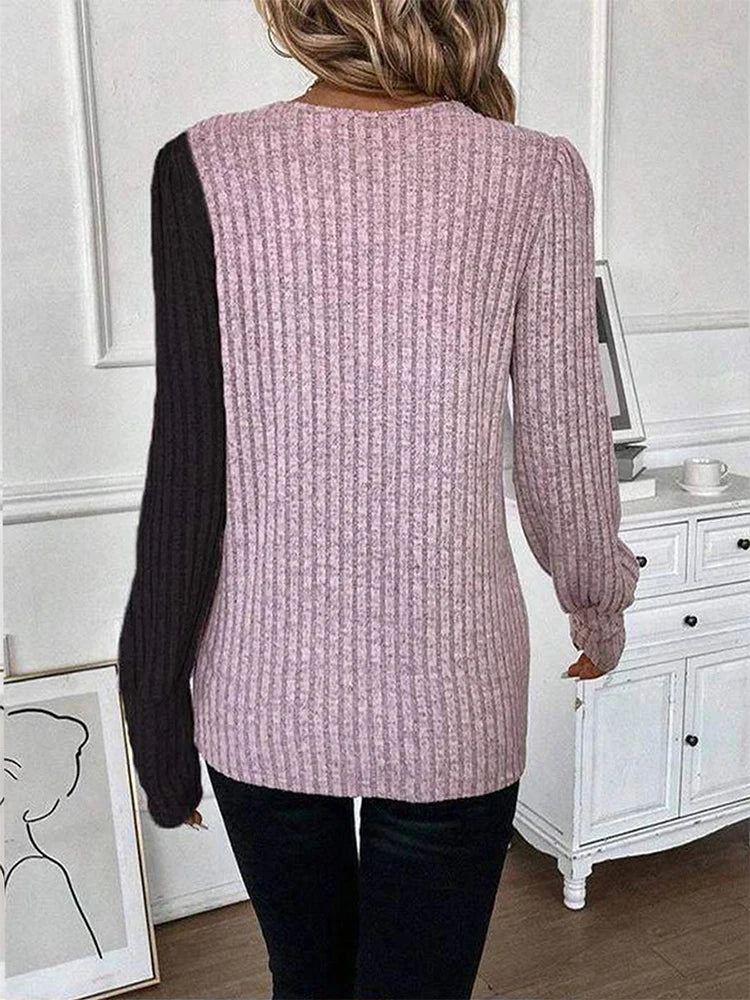 Herbst Langarm Tasten Pit Gestreiften Frauen Pullover Kontrast Farbe Lange Hülse O-ansatz Pullover Lose Einfache Gestrickte Kleidung