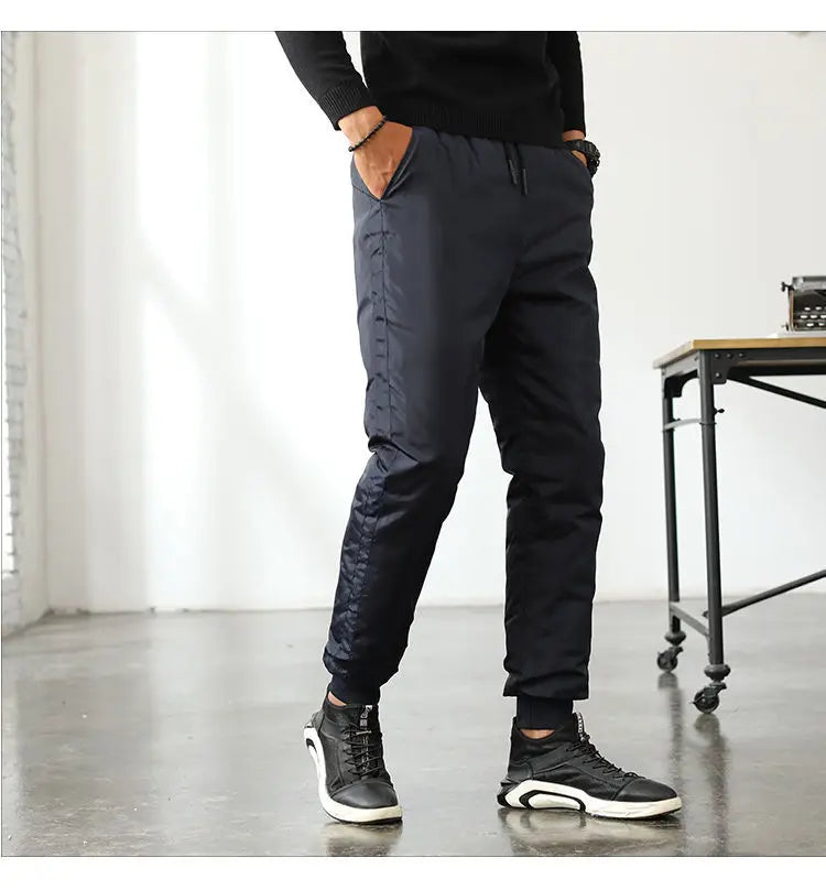 New Winter Thermal White Duck Down Pants for Men Loose Fit High Waist Warm Thickened Elastic Waistband Down Trousers Man PT-590.