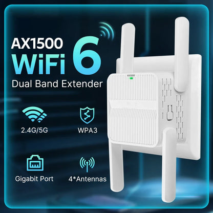 5Ghz AX1500 WiFi 6 Repeater 1500Mbps Extender Signal Booster Dual Band 2.4G/5GHz Wi-Fi Signal Amplifier Long Range Network Easy.