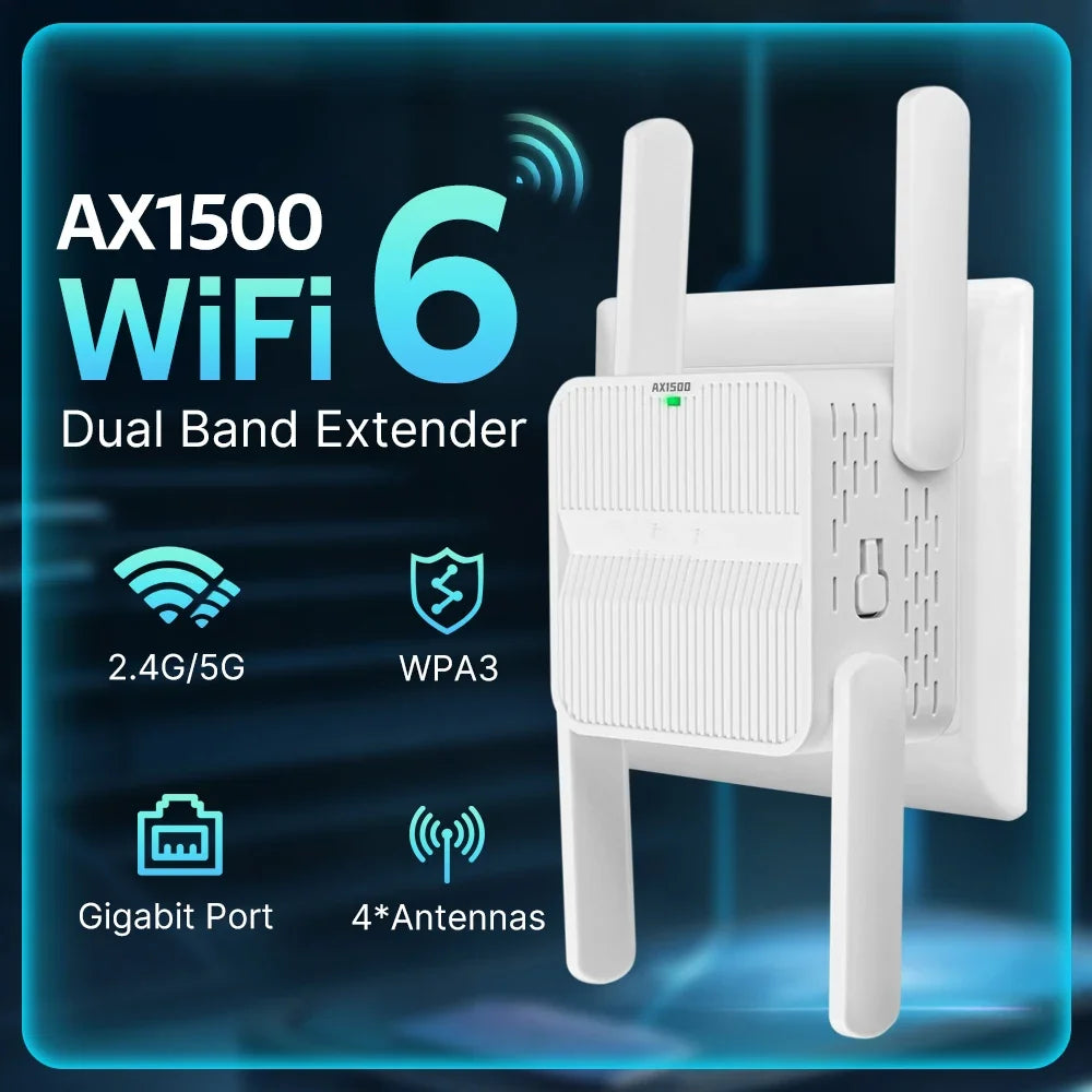WiFi 6 AX1500 WiFi Repeater Dual Band 2.4G&5GHz Wireless Wi Fi Extender Router 4*2dbi 802.11AX Antenna Gigabit Network Amplifier.