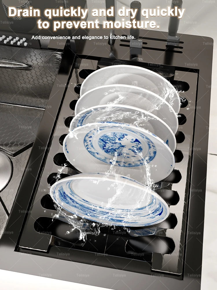 Stainless Steel Kitchen Sink Multifunctional Digital Display Dishwash Sinks Waterfall Large Single Slot Wash Vegetables Basin