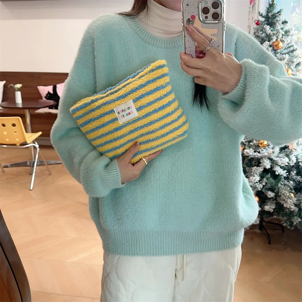 New Colorful Striped Dot Plush Clutch Cosmetic Bag Large Capacity Makeup Pouch Toiletries Bag Travel Outdoor Makeup Storage