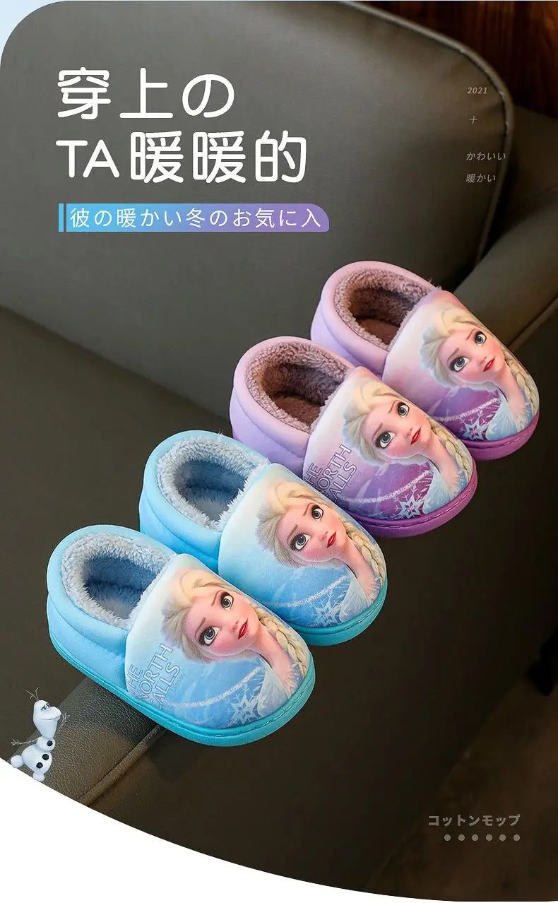 Disney Princess Elsa Winter Children's Heel Cotton Slippers Girls' Warm Frozen Kids' Cotton Black Purple Flats Shoes Size 24-40.