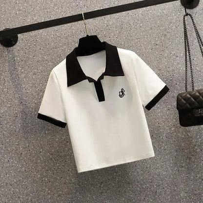 Women's Polo Neck Tee Shirts Dry Fir Top High Quality Pullover Short Sleeve T Shirt Wholesale Aesthetic Y2k Fashion Skinny White.