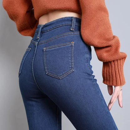 Frauen Thermische Dünne Jeans Mom Winter Warme Plüsch Stretch Jeans Dame Fleece Schnee Denim Hosen Student Bleistift Gerade Bein Hosen