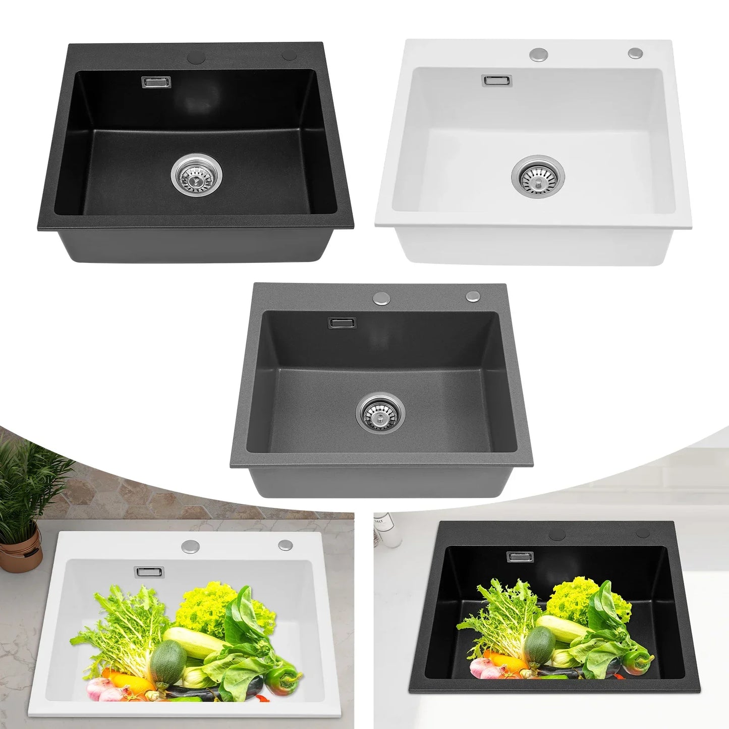 Küchenspüle, Quarzstein-Waschbecken, Abflussrohr, Abflusskorb, 55 x 45 cm, drehbarer Abfluss, Waschbecken für Badezimmer