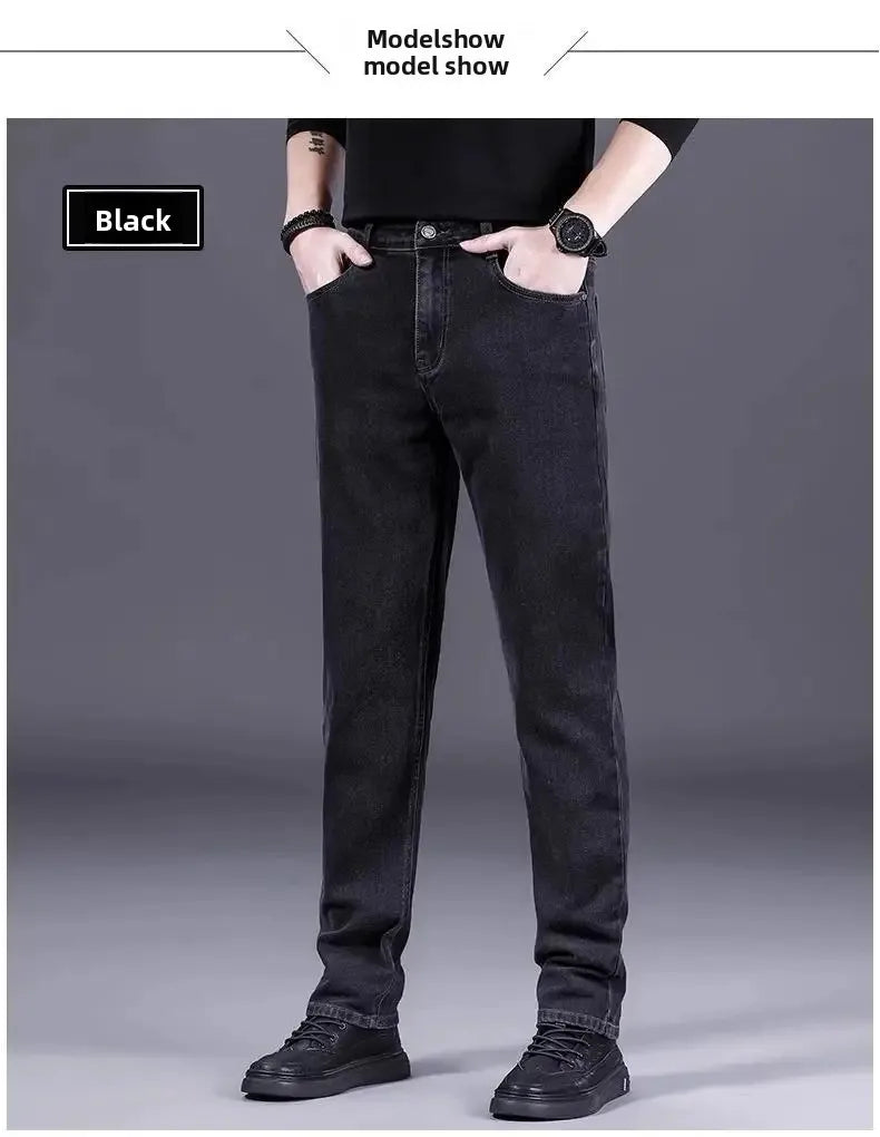High-End Men's Fleece-Lined Thick Stretchy Straight Leg Jeans 2025 New Style Loose Fit Smoke Grey Trousers for Men.