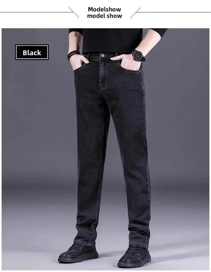 High-End Men's Fleece-Lined Thick Stretchy Straight Leg Jeans 2025 New Style Loose Fit Smoke Grey Trousers for Men.