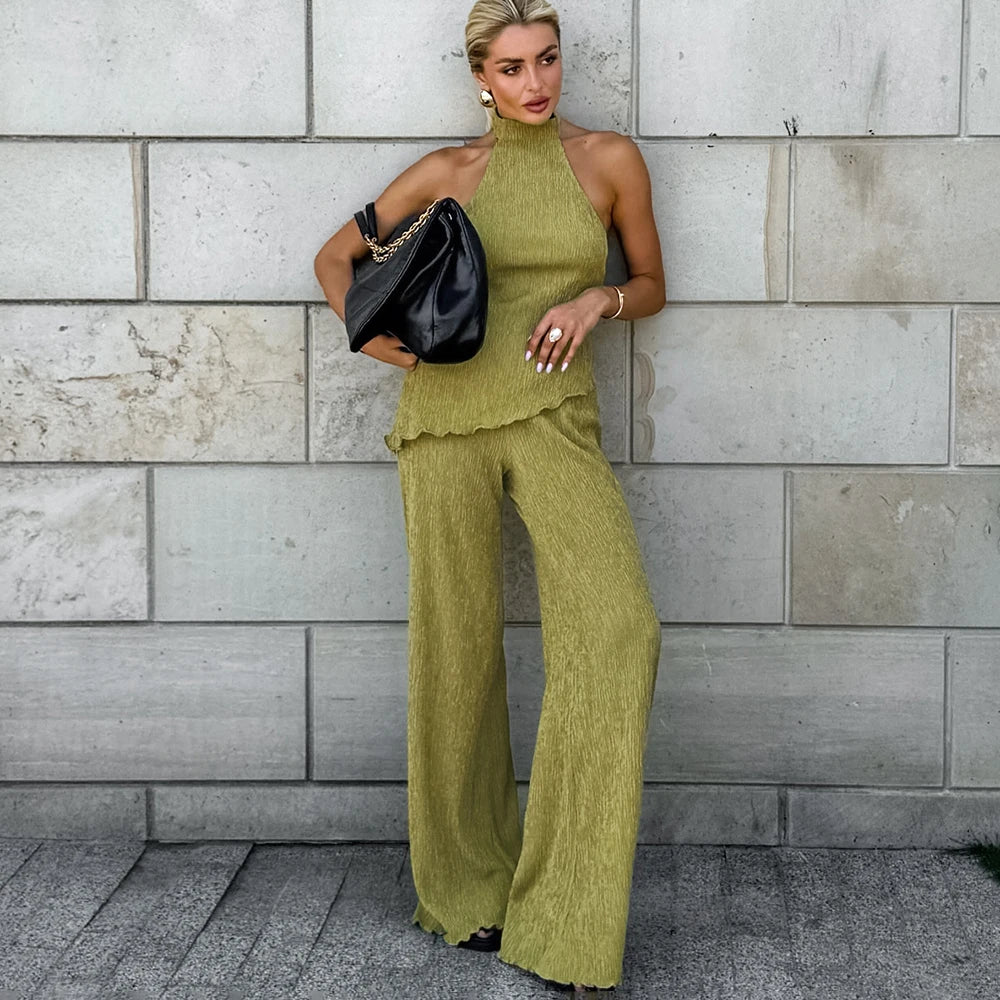 Tuularose Hanging Green Pants Set Sleeveless Backless Personality Temperament Commuter Two-piece Set Summer New Women Pants Set.