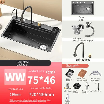 Stainless Steel Kitchen Sink With Waterfall Nano Embossed Large Single Slot Vegetable and Dishwashing Sinks Udermount Basin