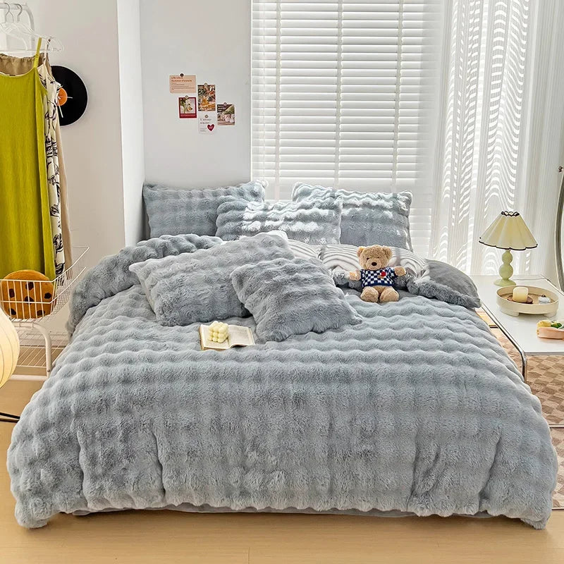 2024 new solid color colorful rabbit wool four-piece set, one side of rabbit fur and one side of milk wool thickened warm.