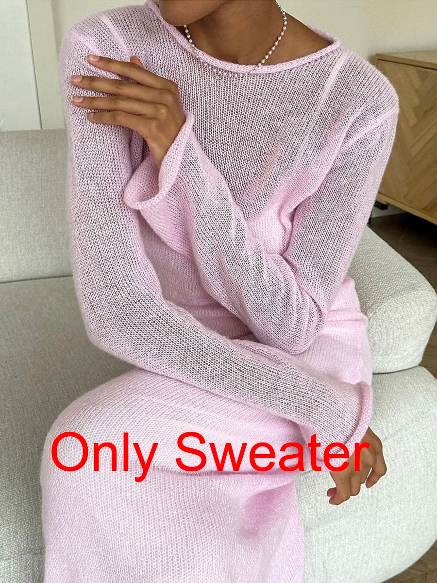 Hirsionsan Frühling Herbst Oansatz Elastische Stricken Lange Kleider Frauen 2024 Elegante Chic Weiche Dame Aushöhlung Pullover Kleider Femme Neue