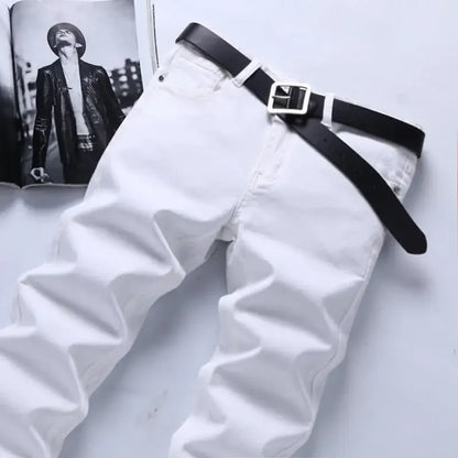 Pure White Jeans Men's Elastic Korean Style Slim Fit Youth Slimming Straight Leg Business Casual Middle Age High End Pants.