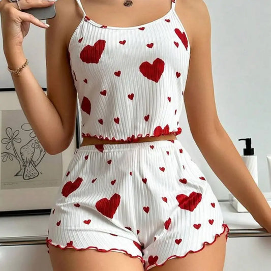 Zweiteiliges Set Sommer dünner Pyjama Homewear Set Polyester Freizeitanzug einfarbig Sling Shorts Damen.