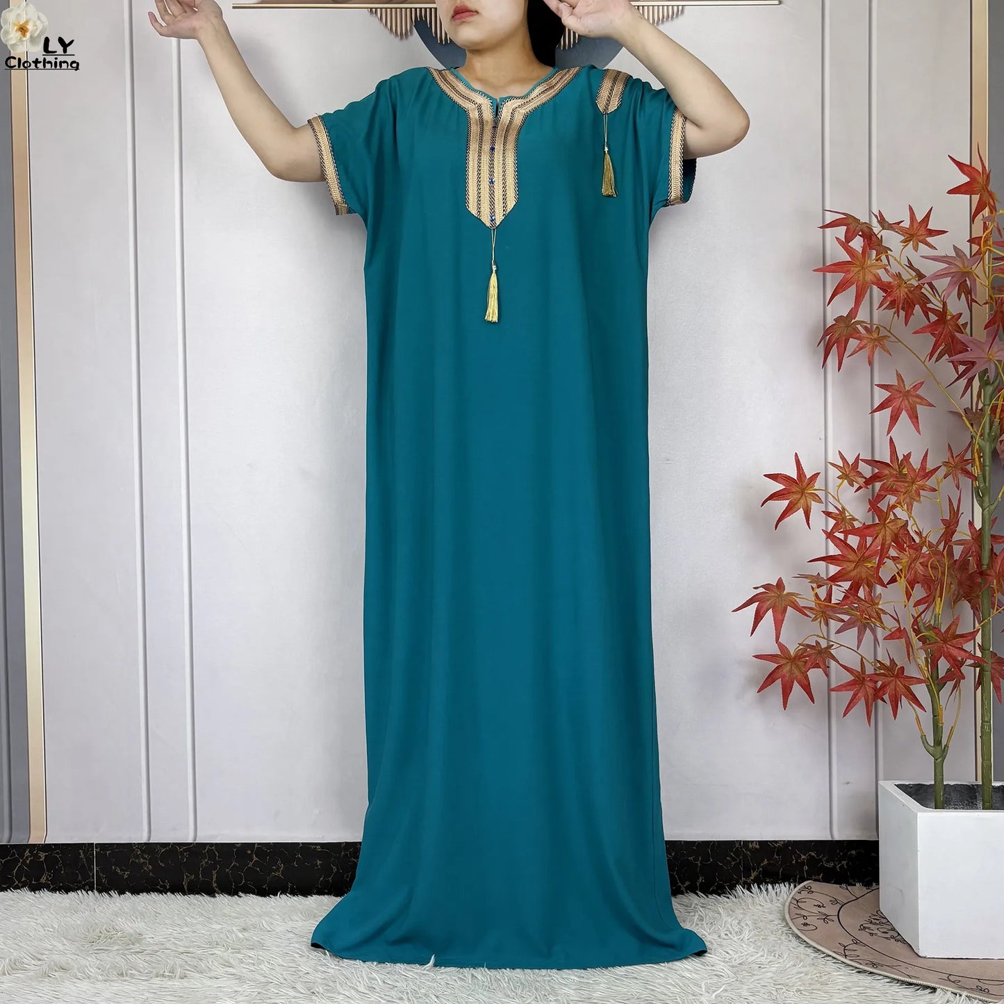 New Muslim Abayas Summer Short Sleeve African Dashiki Tassels Cotton Loose Caftan Lady Maxi Islam Casual Dresses With Headscarf.