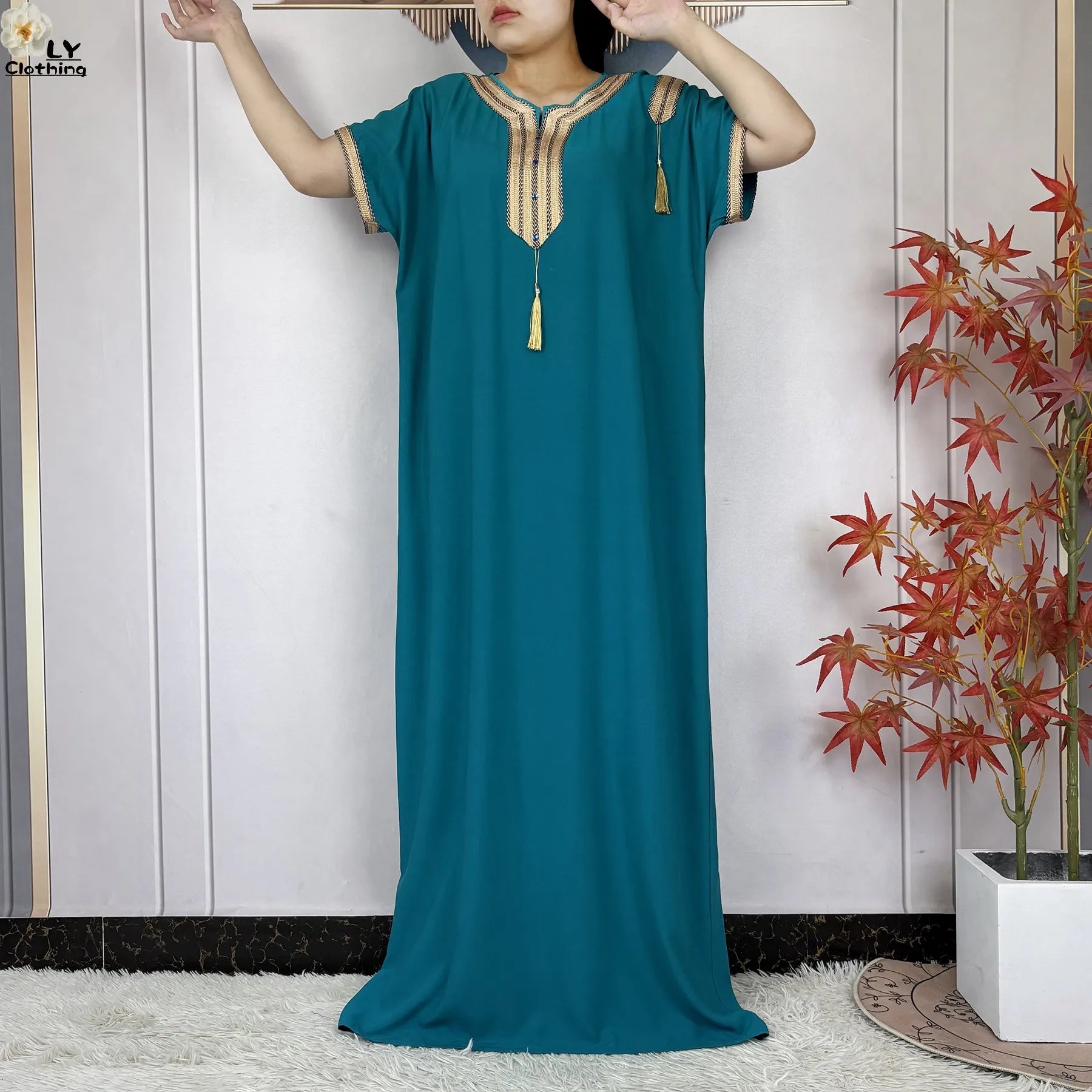 New Muslim Abayas Summer Short Sleeve African Dashiki Tassels Cotton Loose Caftan Lady Maxi Islam Casual Dresses With Headscarf.