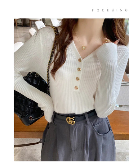 2025 Autumn Winter Women Sweaters Casual Slim Button Knitted Pullover Sweater Femme Basic Solid Jersey Tops Fashion Clothes