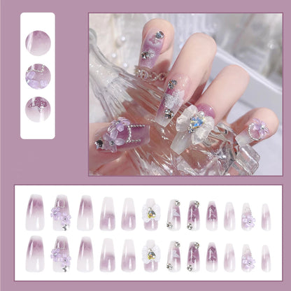 24Pcs White French Press On Nails 3D Bow Design Full Cover Wearable False Nails Short Square Head Ballet Fake Nails For Women.