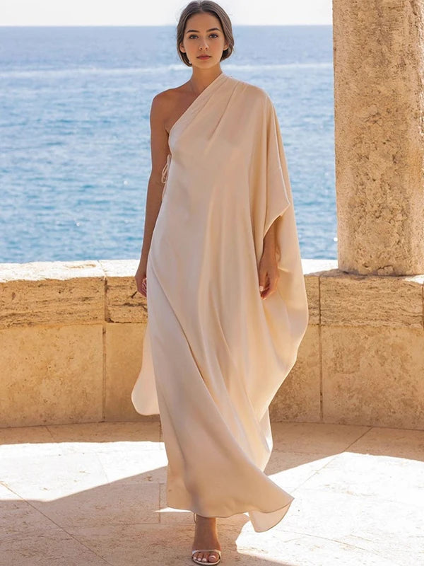 Yeezzi 2025, elegantes One-Shoulder-langes Kleid für Damen, Robe, Fledermausärmel, locker, einfarbig, Urlaub, Strand, Sommerkleid, Maxikleider.