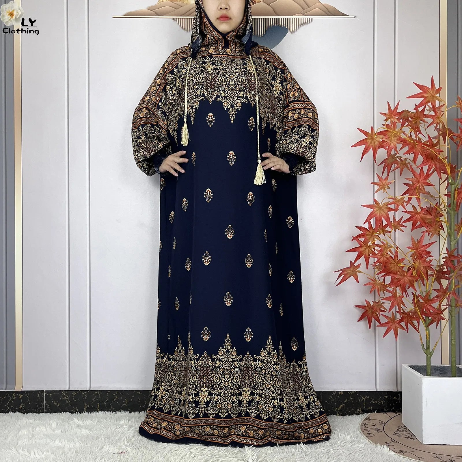 2025 Women Long Sleeves Dress Cotton Ramadan Abaya with Two Hats Muslim Women's Kaftan Dress Dubai Turkey Islam Prayer Clothing.