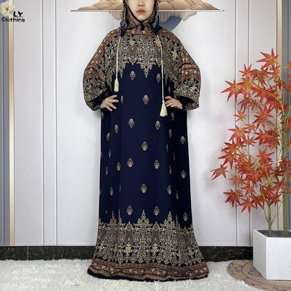 2025 Women Long Sleeves Dress Cotton Ramadan Abaya with Two Hats Muslim Women's Kaftan Dress Dubai Turkey Islam Prayer Clothing.