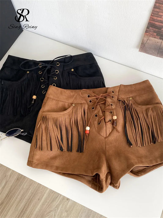 SINGREINY Vintage Streetwear Women Shorts High Waist Bandage Tassels Design Solid Shorts 2025 Fashion Bohemian Wide Legs Shorts.