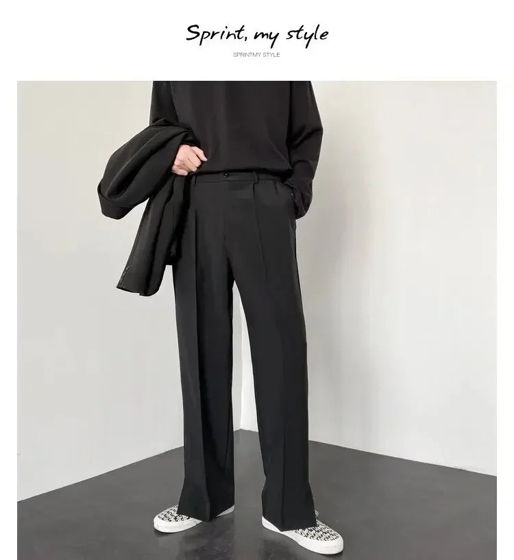 Men's Straight Baggy Casual Pants Korean Slit Personality Suit Trousers Fashion Formal Business Male Streetwear Gray Khaki Black.