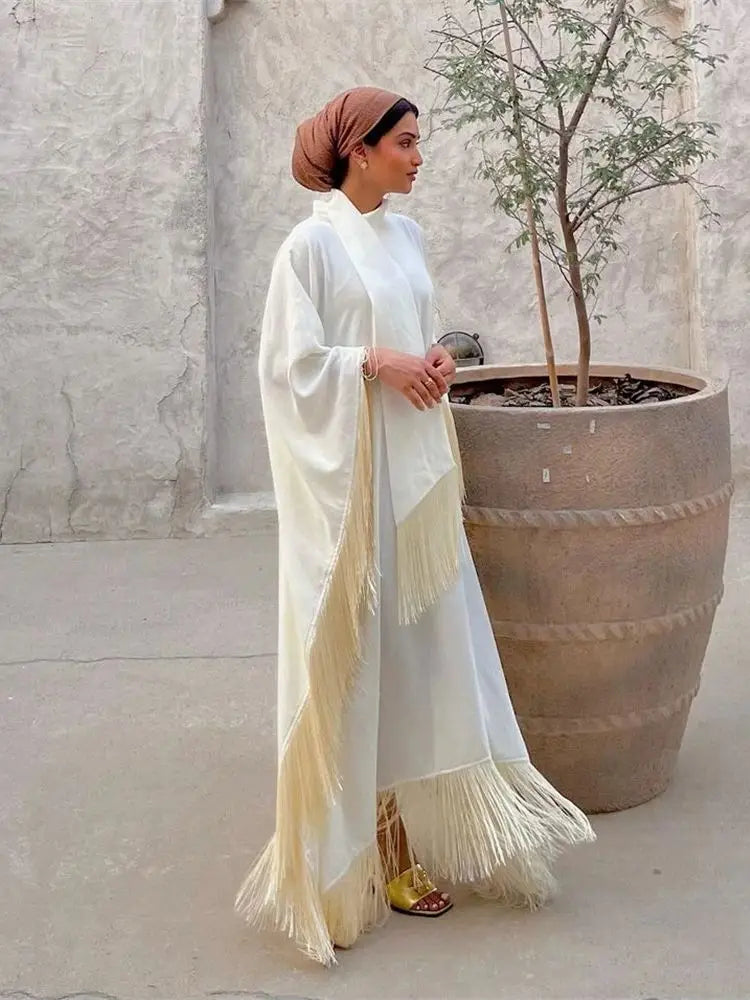 Eid Satin Luxury Green White Black Pink Khimar Tassel Butterfly Batwing Abaya For Women Islam Muslim Maxi Dress Kaftan Kebaya.