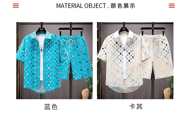 Men Summer 2 Pieces Set Tracksuit Men's Shirt Shorts Harajuku Streetwear Oversized Men Sets Short Outfits Suits.