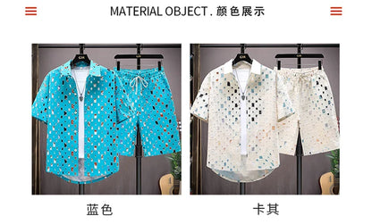 Men Summer 2 Pieces Set Tracksuit Men's Shirt Shorts Harajuku Streetwear Oversized Men Sets Short Outfits Suits.