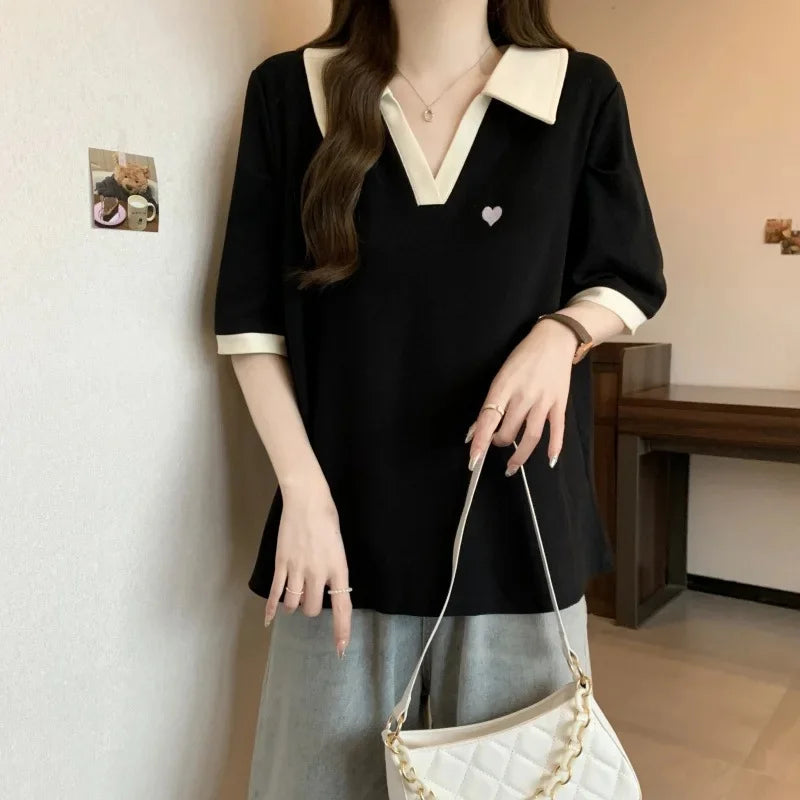 Plus Size Slimming Embroidered Polo Shirt plus Size American Style Base Layer T-Shirt College Fashion Anti-Aging Big MM Cotto....