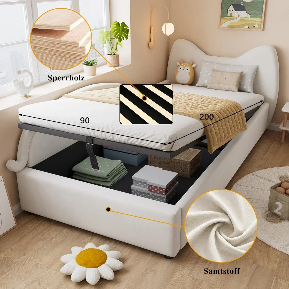 Polsterbett, Einzelbett, süßes Katzendesign, hydraulisches Bett mit Stauraum und Gürtelgriffen, stabiler Gitterrost, 90 x 200 cm