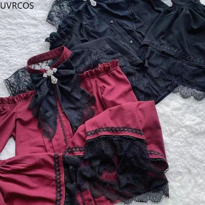 Gothic Y2k Lolita Style Shirts Women Kawaii Ruffled Collar Flare Long Sleeves Blouse Female Japanese Victorian Vintage Slim Tops.