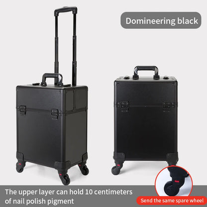 TravelRolling Makeup Train Case Large Capacity Cosmetic Trolley, Aluminum Professional Travel Case with Key
