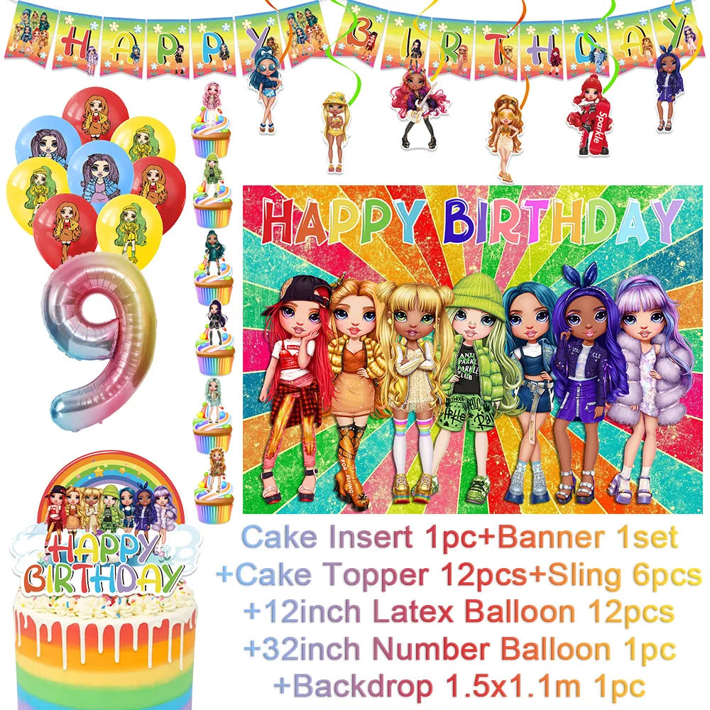 Cartoon Regenbogen Puppe High School Thema Hintergrund Geburtstag Party Dekoration Lieferungen Einweg Tasse Besteck Ballon Baby Geschenk