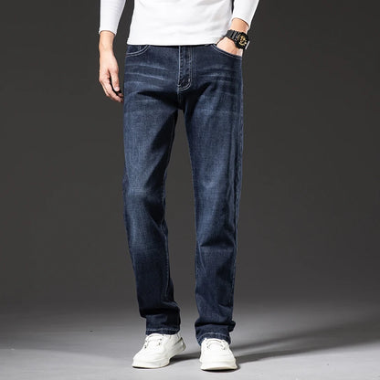 Große Größe 40, 42, 44, 46, lockere, gerade Jeans für Herren, Herbst, neue Business-Casual-Stretchhose, klassische blaue Denim-Hose für Herren.