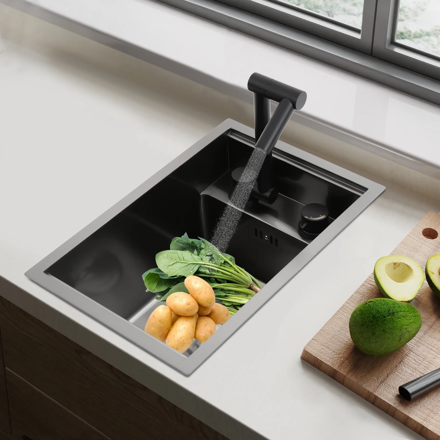 Bymaocar Edelstahlspüle 30 x 45 x 23 cm mit Wasserhahn, eingebettetes Küchenspüle, einschüssel, verdecktes Küchenspüle