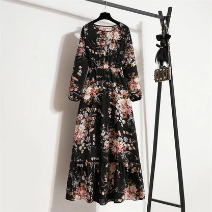 Frühling Sommer Frauen Maxi Kleider Casual Volle Hülse Floral Gedruckt Oansatz Frau Bohe Strand Party Lange Kleid Mujer Vestidos