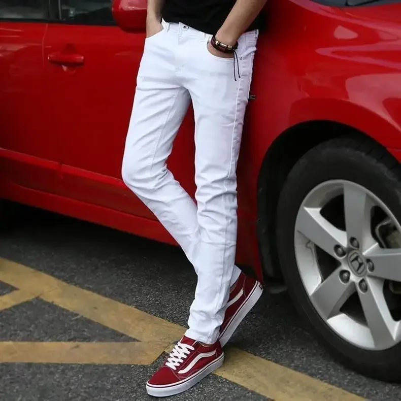 Pure White Jeans Men's Elastic Korean Style Slim Fit Youth Slimming Straight Leg Business Casual Middle Age High End Pants.