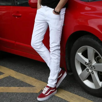Pure White Jeans Men's Elastic Korean Style Slim Fit Youth Slimming Straight Leg Business Casual Middle Age High End Pants.
