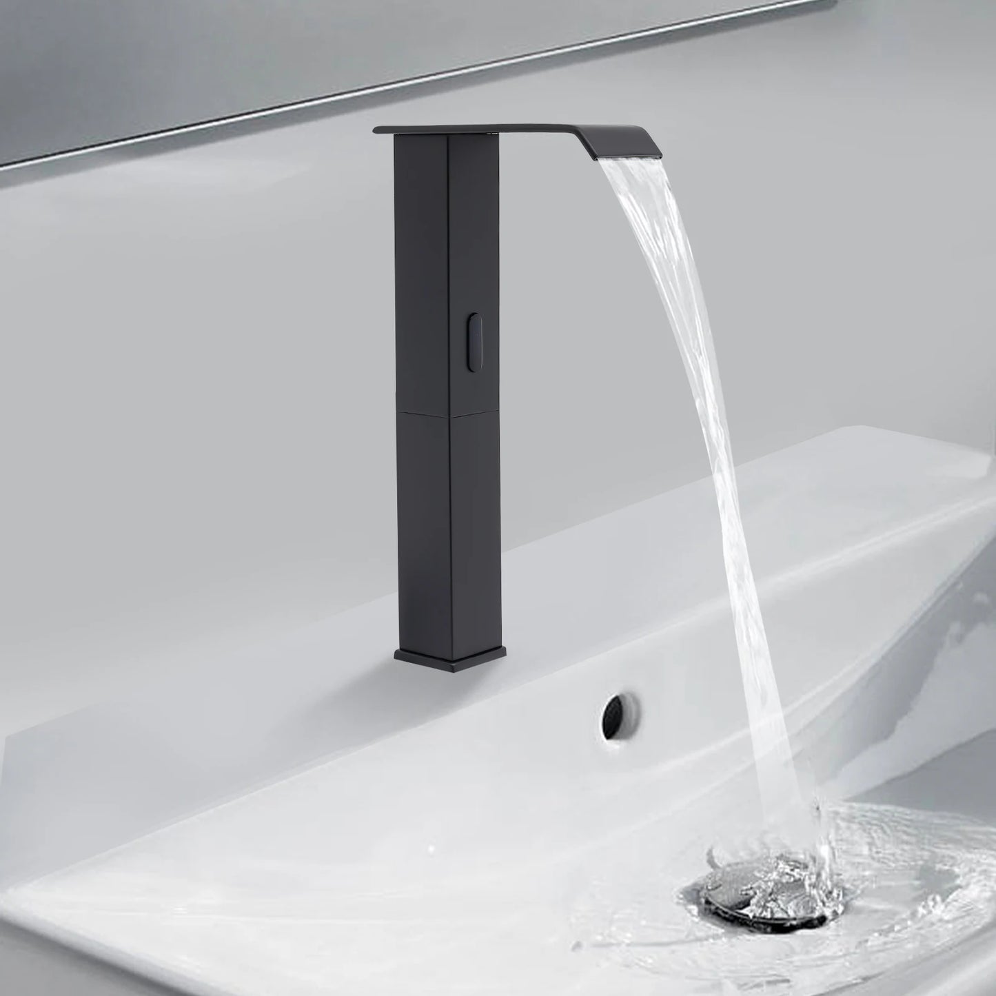 Touchless Sensor Faucet with Waterfall Spout, Adjustable Temperature Valve, Black Finish, Ideal for Kitchen and Bathroom Use