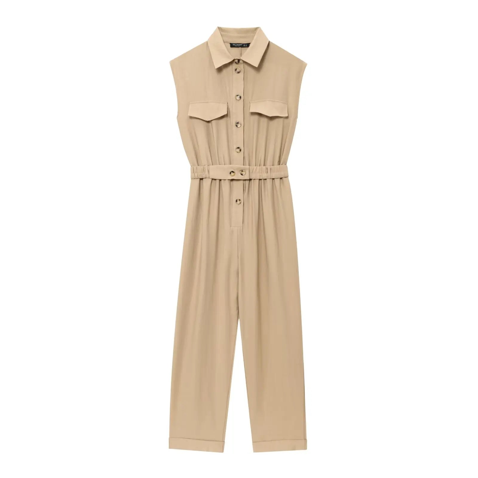2025 Summer Vintage Casual Chic Women Jumpsuits Solid Sleeveless Belt Wide Leg Bodysuits Fashion Jumpsuit.
