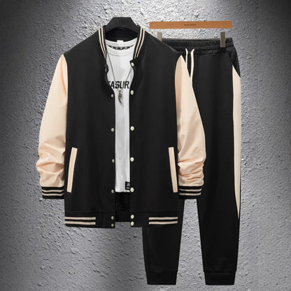Autumn and winter new thick baseball suit casual men's stand collar cardigan coat matching color sports long sleeve pants suit.