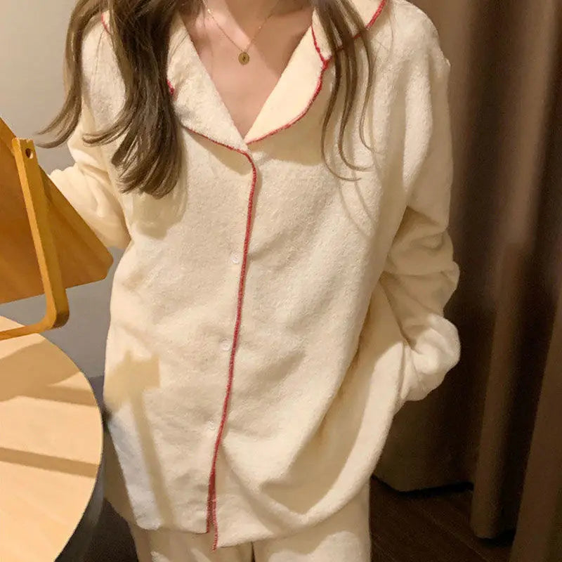 Flannel Women's Pajamas Sets Casual Autumn Winter Sleepwear Velvet Pyjama Ladies Cardigan Simple Bedroom Soft Warm Home Clothes.